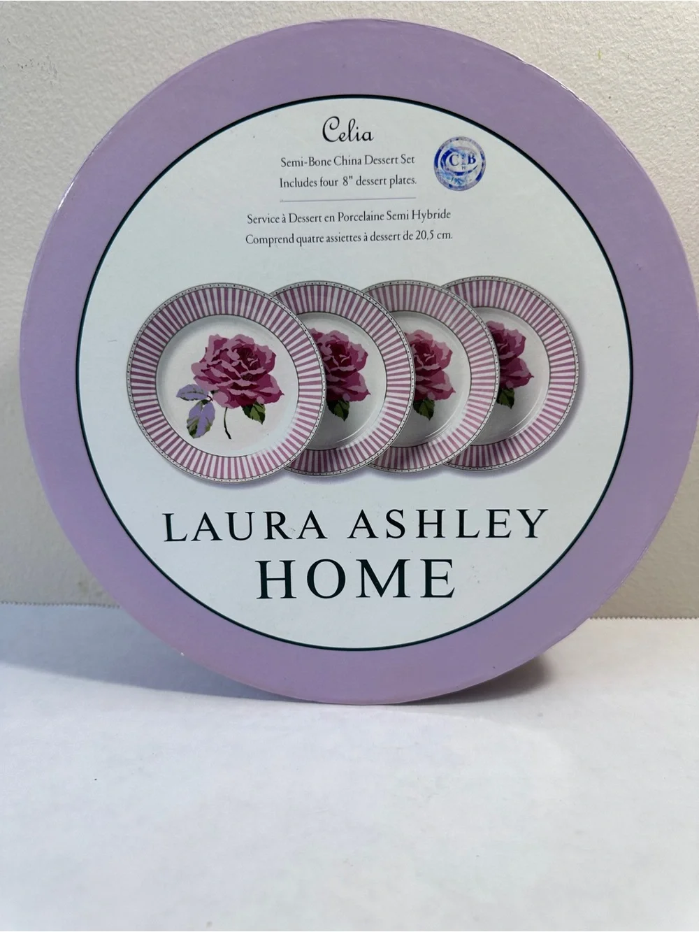 Laura Ashley Celia Dessert Plates Set of 4 Pink Rose Striped 8” China Vintage